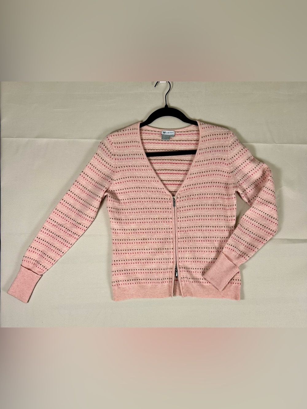 Worth New York 100% Cashmere Zip Cardigan Pink Stripe Petite S Small